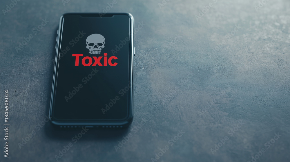 Poster warning sign: toxic smartphone with skull symbol on screen, a visual representation of danger
