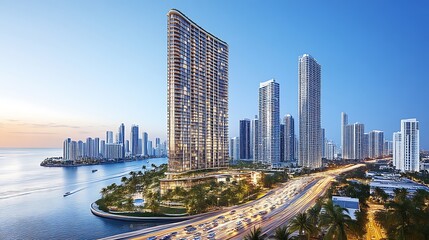 Naklejka premium Luxury Condo for Miami Skyline, Sunset View.