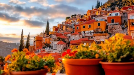 Colorful hillside village at sunset
