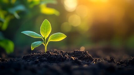 A lone seedling bursting through the rich, dark soil, its vibrant green leaves glowing under the golden morning light, dramatic contrast between the earthy ground and the delicate sprout,