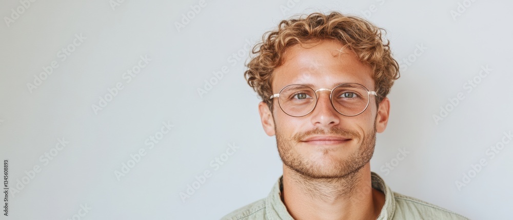 Poster authentic gen z professional inclusive workplace portrait with curly-haired millennial in round glas