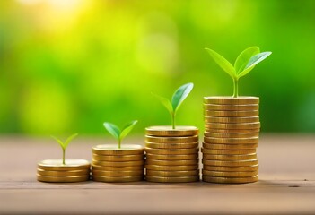 Generative AI Illustration of investment growth with stacked coins and budding sprouts