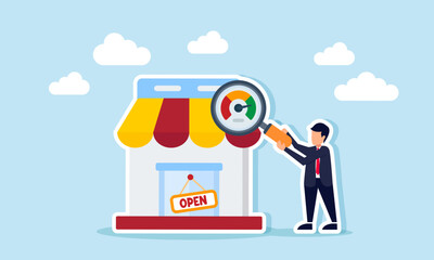 A businessman observes a store using a magnifying glass labeled with a speedometer, illustration of evaluating and analyzing business performance