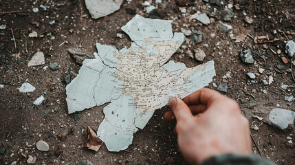 Unveiling the Details: Close-up on a hand carefully examining remnants of broken pieces scattered on the rough ground, a testament to the fragility of structures.