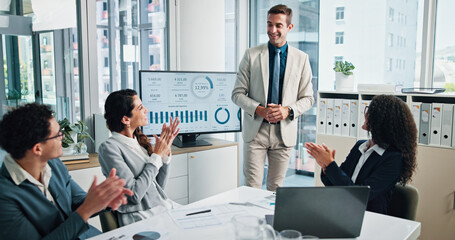 Happy, applause or business people in finance presentation for success, charts or capital growth....