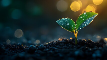 A tiny seedling emerging from dark, fertile earth, illuminated by soft dawn light, dewdrops sparkling on its fragile leaves, rich natural tones, shallow depth of field, extreme close-up,