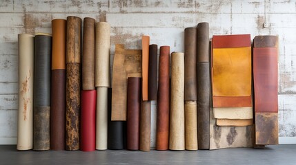 Various rolls and sheets of leather in different colors and textures against a white brick wall.