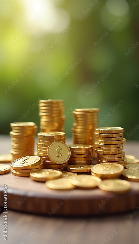 Poster generative ai the gleaming allure of golden coins stacked on a wooden surface, capturing wealth and 