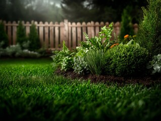 Fototapeta premium Lush green garden with wooden fence and vibrant foliage in morning light