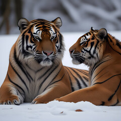 In this heartwarming winter scene, a majestic tiger and its unusual companion rest peacefully together in the snow-covered wilderness. The tiger’s eyes are half-closed in deep contentment