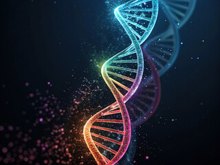 vibrant representation of DNA double helix, showcasing colorful strands and mystical background, symbolizing biotechnology and genetic research