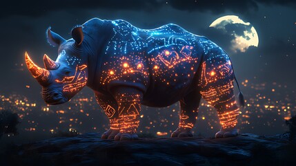 Obraz premium Illuminated Rhino, Night Cityscape, Moonlit Savannah, Fantasy Art