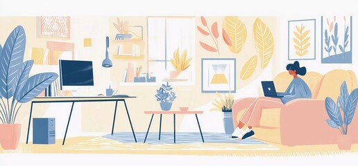 
Vector flat illustration of a modern home office interior with furniture, on a white background, in a minimalist style with simple lines and shapes, creating a cozy atmosphere with pastel colors. The