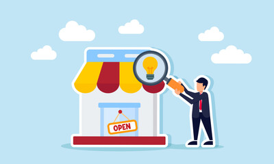 A businessman observes a store using a magnifying glass labeled with a lamp, illustration of evaluating and analyzing idea implementation to improve business performance