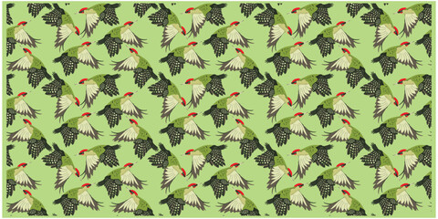 A vibrant pattern of flying woodpecker with red heads and green bodies against a pale green background. , It could be used as a wallpaper, fabric design, or other bags, pillow and curtains