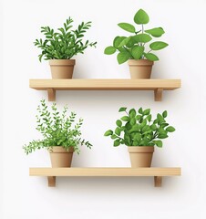 Fototapeta premium 3D vector realistic, wooden shelf with plants hanging on a white background 