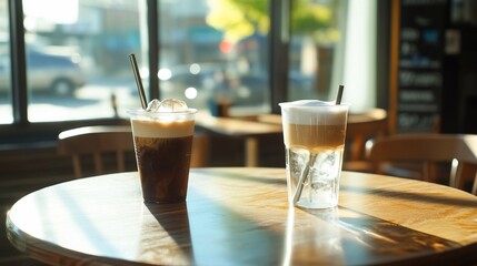 Two iced coffee drinks on a cafe table, sunlight streaming through window.
