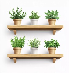 3D vector realistic, wooden shelf with plants hanging on a white background 