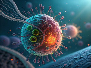 vibrant illustration of cell showcasing intricate details of biotechnology, with various structures and elements interacting dynamic environment