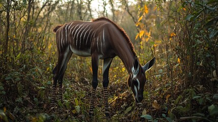 Striking Okapi grazing in a secluded African jungle its velvety brown fur and striped legs blending harmoniously with the underbrush