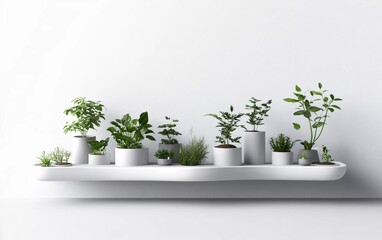 
White shelf with plants on a white background, 3D rendering illustration of a modern home interior design of a minimalist living room mockup for product presentation. Stock photo with 2/3 space for t