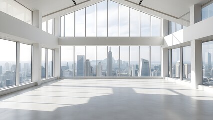 empty open plan interior with large windows with megalopolis view with a whitish white tone