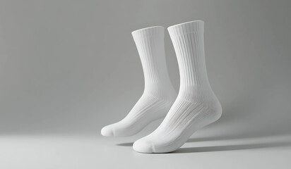 A pair of clean white crew socks, slightly angled, on a light gray background. Perfect for showcasing sock designs, apparel mockups