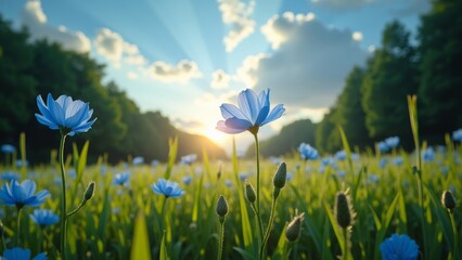 A serene landscape featuring a field of blue flowers and a sunny sky