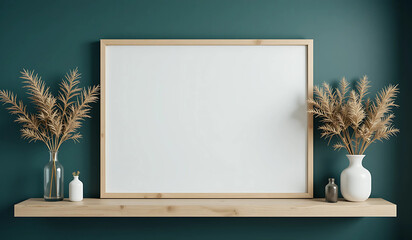 Blank canvas in a light wood frame sits on a shelf against a teal wall, flanked by dried pampas grass in vases. 