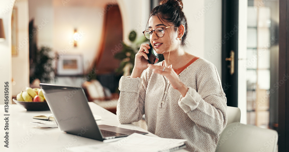 Poster phone call, remote work and woman with laptop in home with communication for client feedback. comput