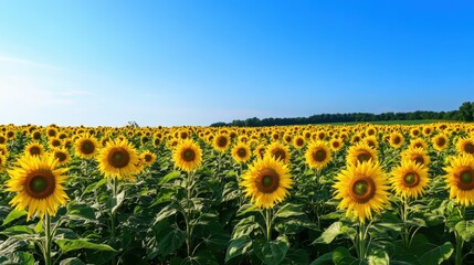 A vast field of beautiful blooming sunflowers under a blue sky