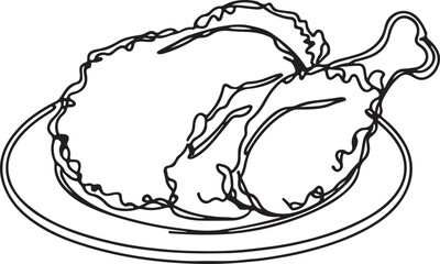 Detailed Line Drawing of Fried Chicken on Plate