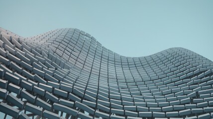 A three-dimensional, wave-like structure composed of numerous evenly spaced, elongated elements