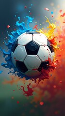 Naklejka premium A soccer ball in mid-air, surrounded by colorful paint splatters