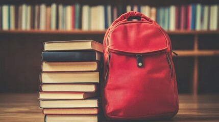 Bright Red Backpack Next to Stack of Books on Wooden Table
