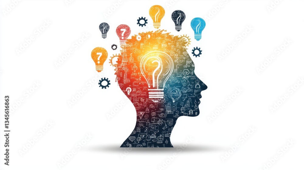 Poster thinking about questions and getting ideas human head silhouette and gears many question marks and l