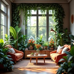 A cozy living room with two red couches, a coffee table, and lush green plants