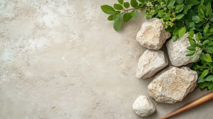 Spa Stones and Green Leaves on a Neutral Textured Background