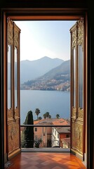 Italian Lake View Through Ornate Doors.