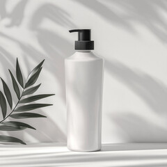 Elegant White Pump Bottle Mockup with Black Cap Displayed on a Clean Surface, Surrounded by Leaf Shadows and Soft Lighting for Skincare, Haircare, or Beauty Product Branding Presentations