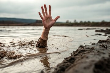 danger of quicksand warning with hand sink under mud water