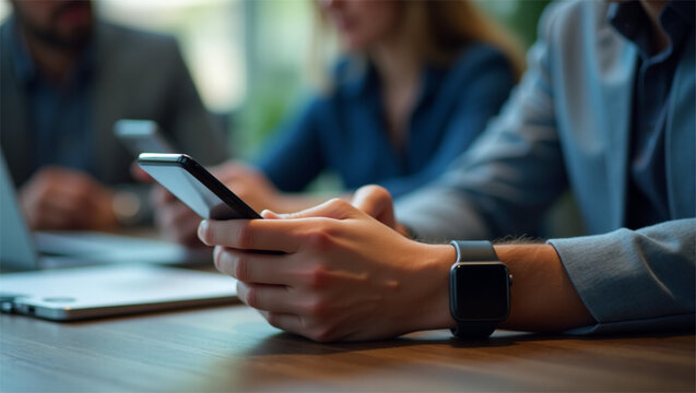 A person holding a smartphone during a meeting, with a smartwatch visible on their wrist