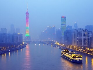 Fototapeta premium Guangzhou's Pearl River for Night Cruise, Cityscape.