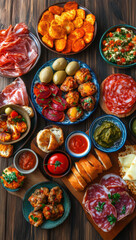 Fototapeta premium vibrant spread of assorted tapas featuring cured meats, olives, and various savory dishes, beautifully arranged on rustic wooden surfaces, inviting delightful culinary experience