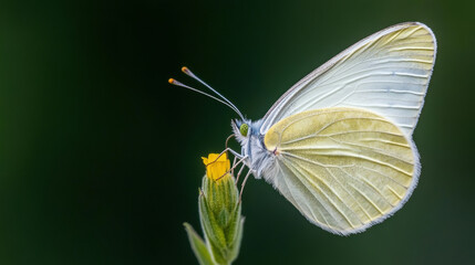 delicate butterfly perched on vibrant yellow flower, sipping nectar with its proboscis extended, showcasing nature beauty and tranquility
