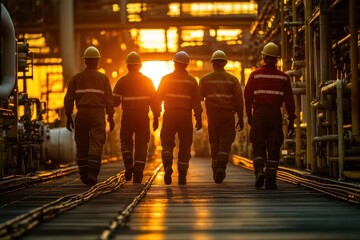 Workers walk at sunset in refinery, wearing hard hats and coveralls. It showcases teamwork and the backbone of industrial energy sector.