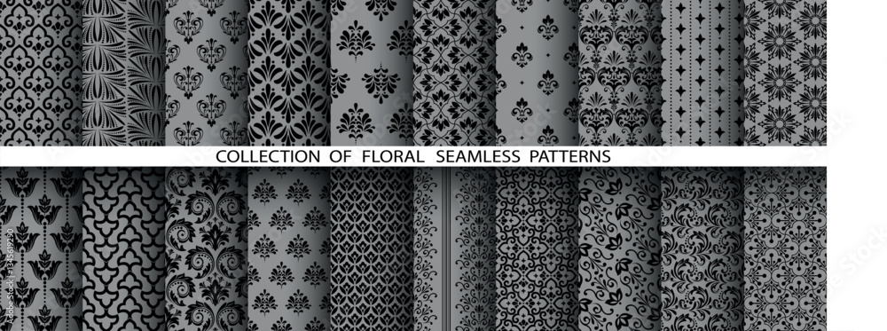 Poster geometric floral set of seamless patterns. gray and black vector backgrounds. damask graphic ornamen