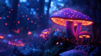 Glowing mushrooms in a magical forest shine with vibrant purple and orange. Use this whimsical image for fantasy or fairy tale themed designs.