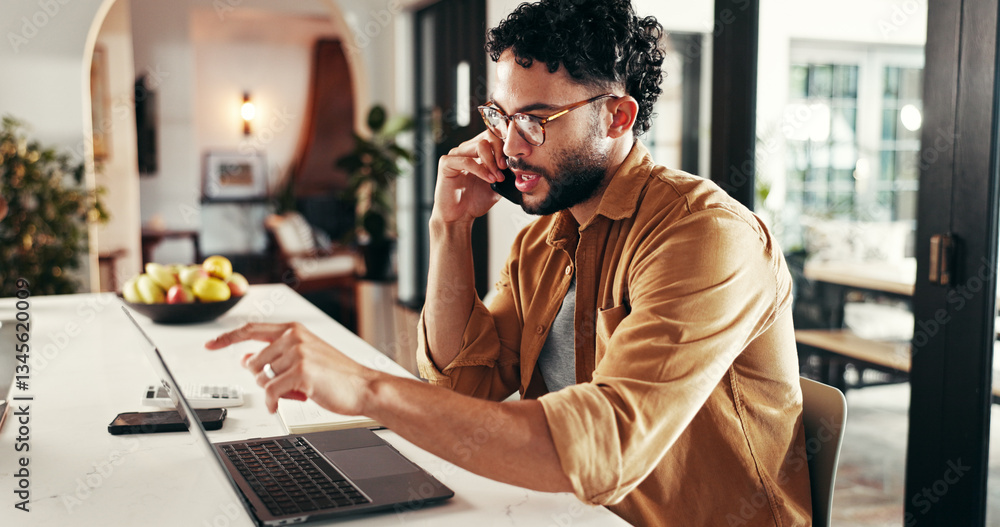 Aufkleber finance, man and phone call with laptop in house for online consultation, statement account query or