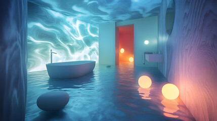 with walls made of water, reflecting abstract patterns, with glowing orbs floating around the space like ambient lighting 
